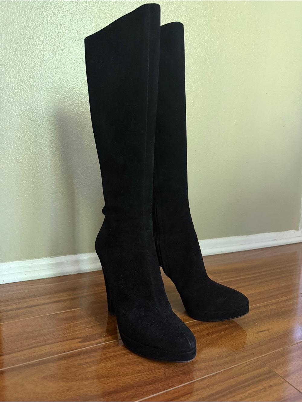 Prada Black Suede Knee-High Heel Boots